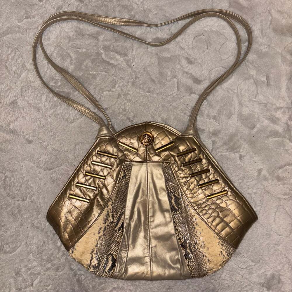 Karam Handbags Inc. Vintage Metallic Leather Snakeskin Structured Shoulder Bag